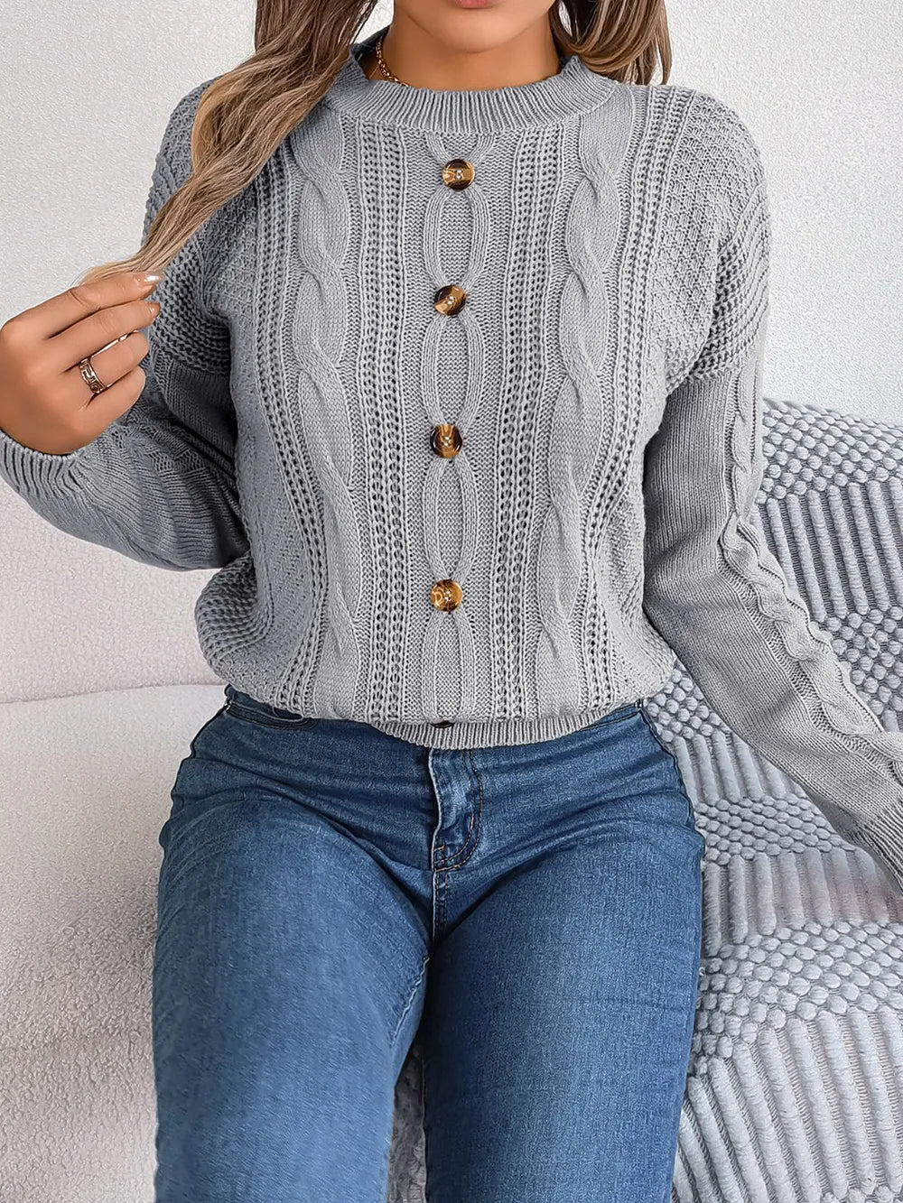 Wren Valmont — Cable-Knit Buttoned Round Neck Sweater, alternate view 3