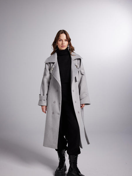 Accessorized Wool Blended Cashmere Maxi Woody Grey Coat