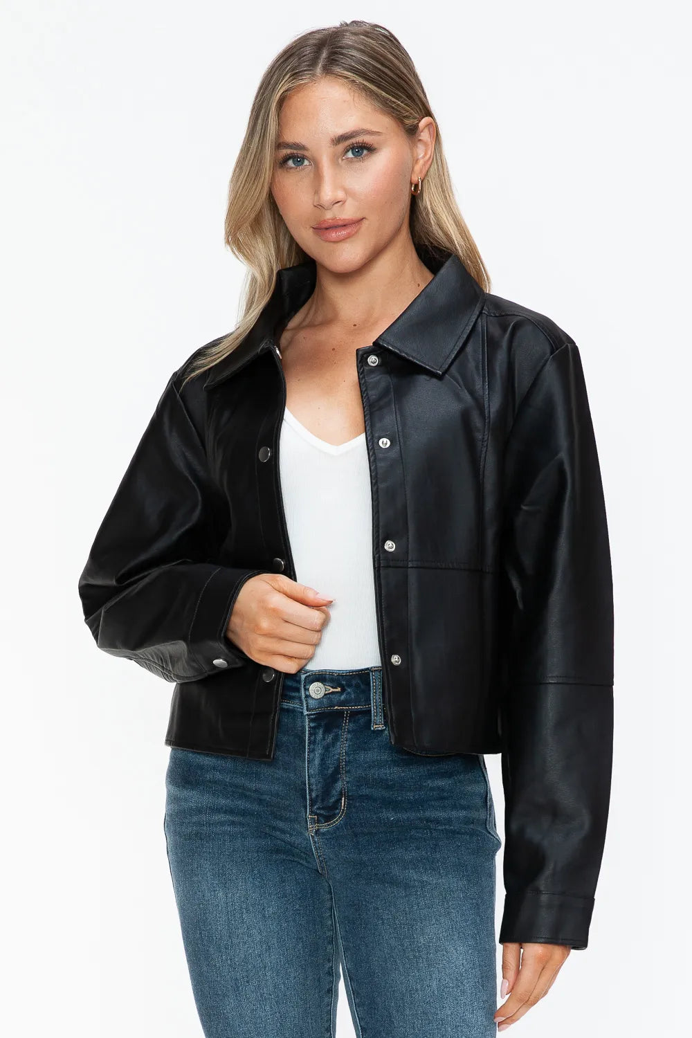 Rain Saint-Clair — Snobbish Snap Down Long Sleeve PU Leather Jacket, alternate view 6