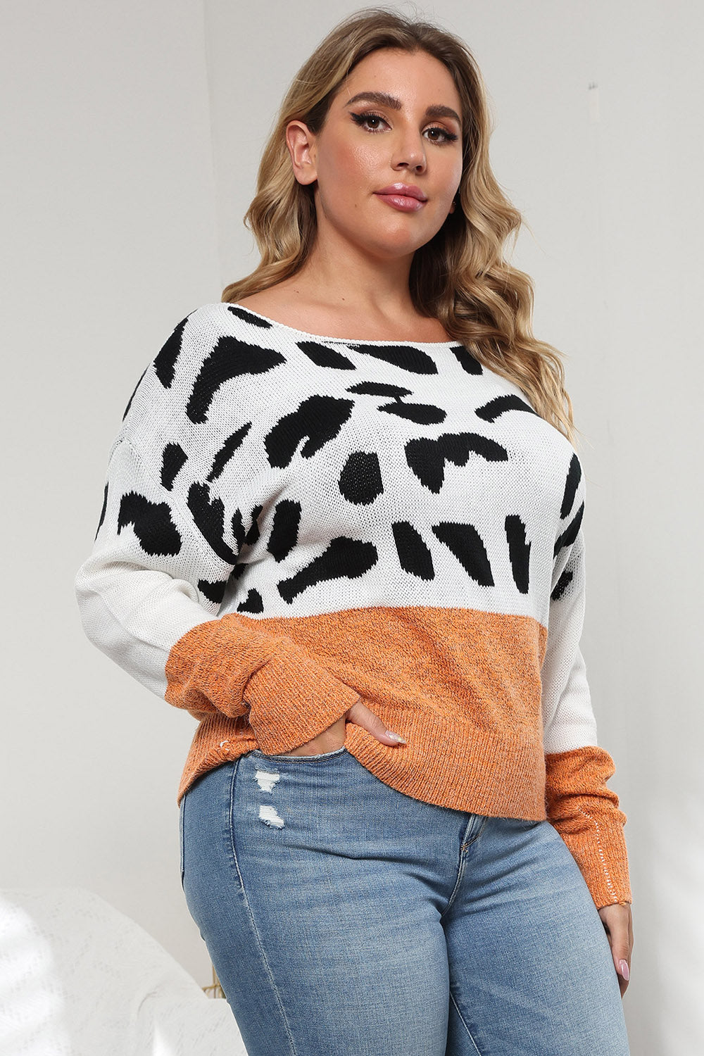 Reese Delacroix — Plus Size Leopard Round Neck Long Sleeve Sweater, alternate view 7