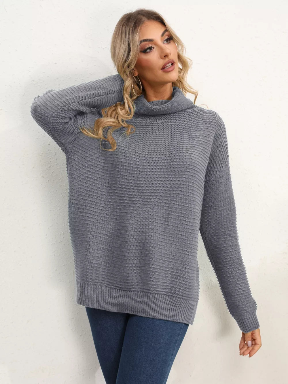 Monroe Fontaine — Slit Turtleneck Dropped Shoulder Sweater, alternate view 23