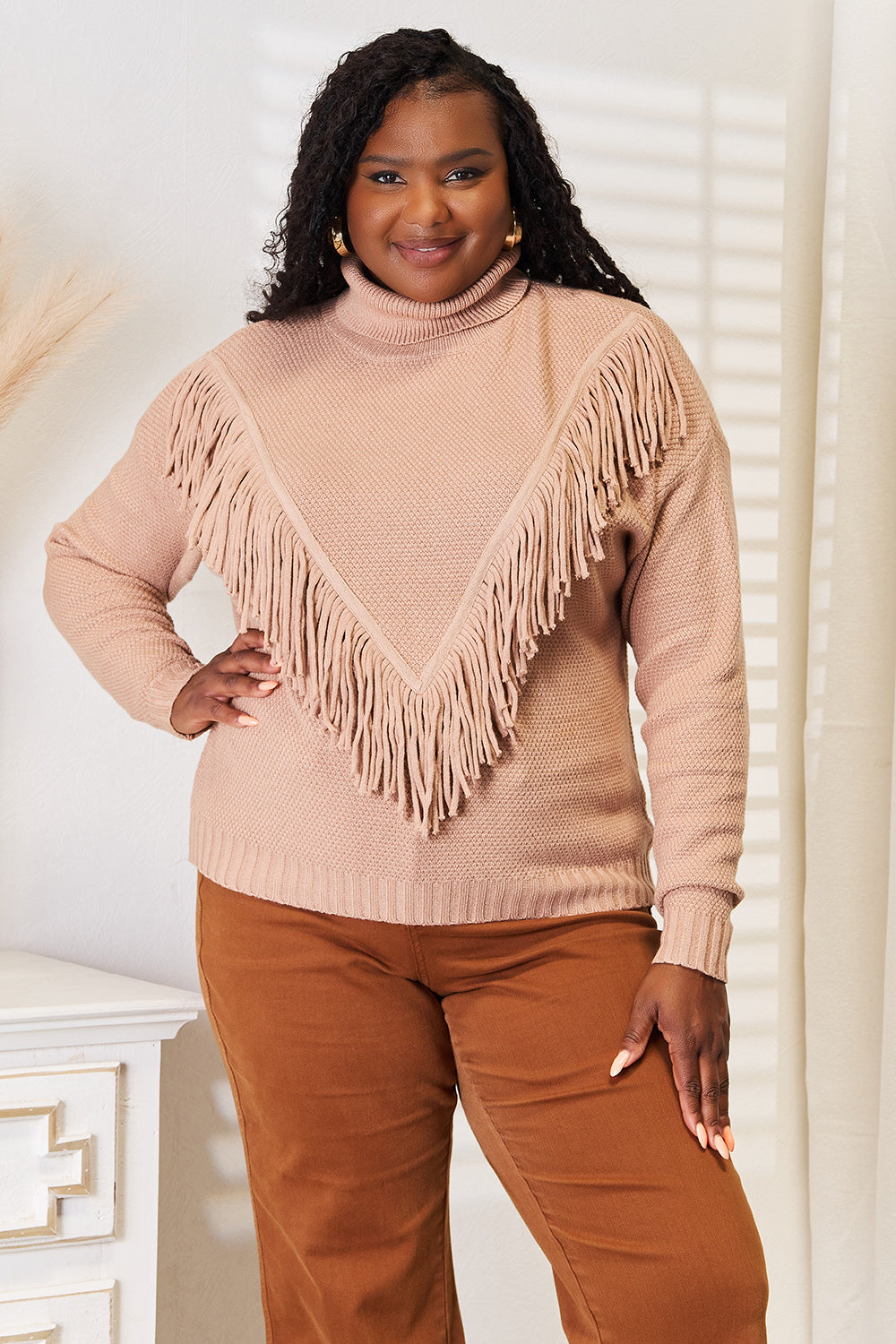 Cove Fontaine — Woven Right Turtleneck Fringe Front Long Sleeve Sweater, alternate view 5
