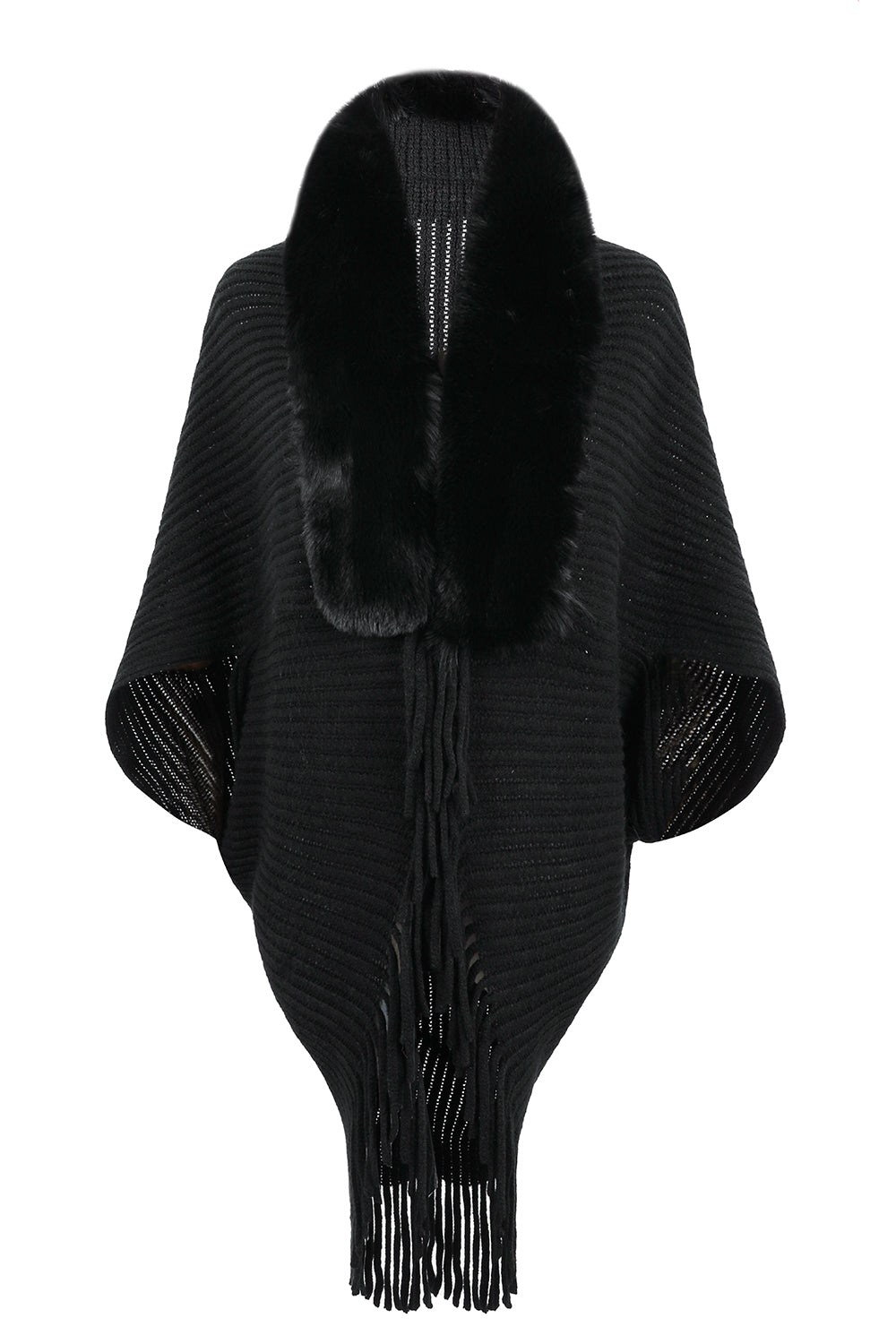 Paris Versailles — Fringe Detail Long Sleeve Ribbed Poncho, alternate view 6