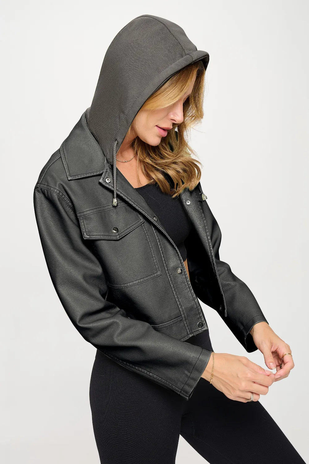 Noa Saint-Clair — Coalition LA Snap Down Cropped Hooded Jacket, alternate view 3