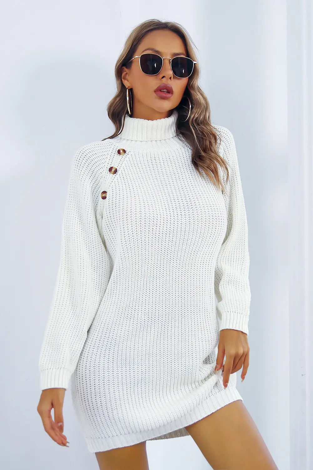 Onyx Fontaine — Buttoned Turtleneck Long Sleeve Sweater Dress, alternate view 4