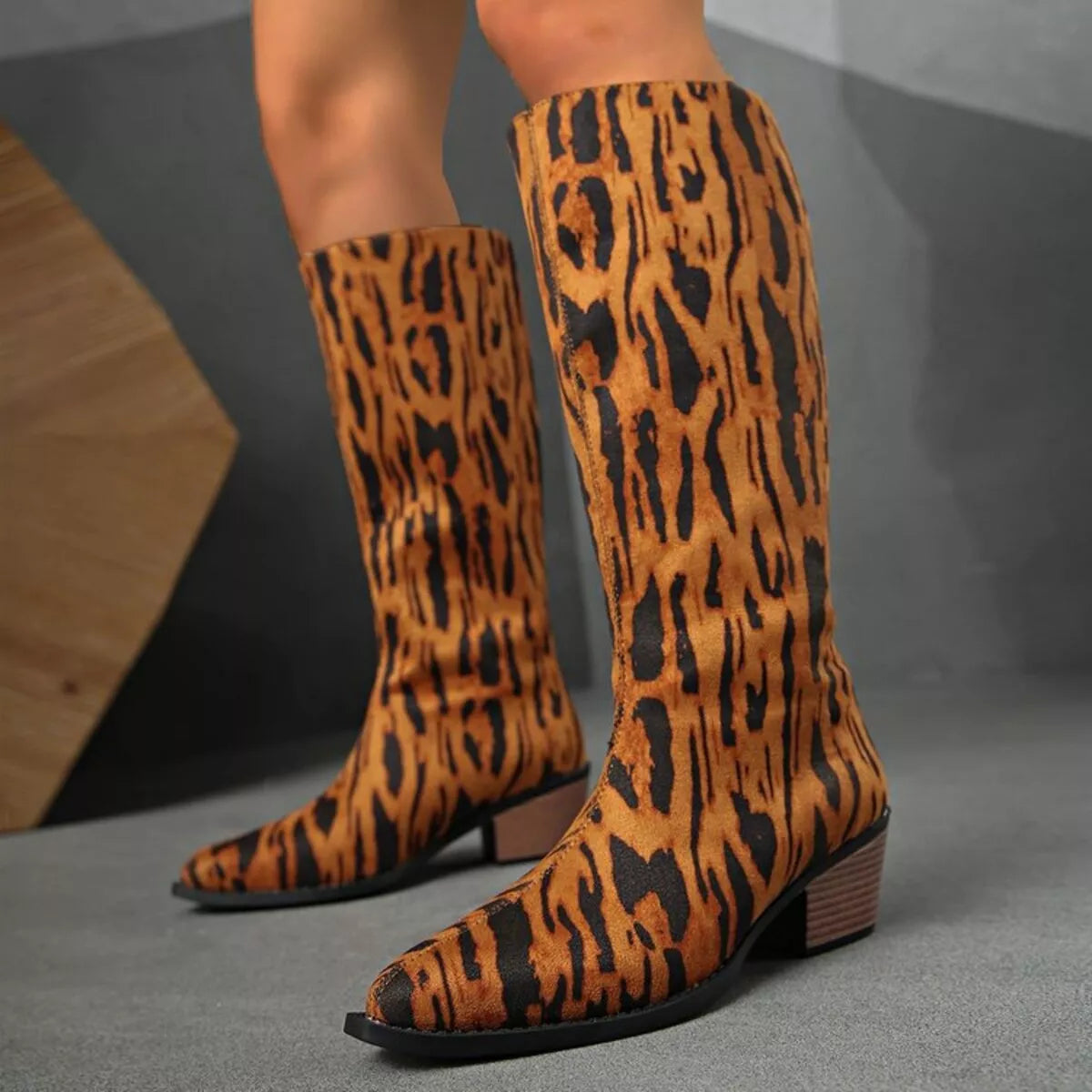 Rain Bellini — Animal Print Point Toe Block Heels Boots Leopard Fashion Footwear