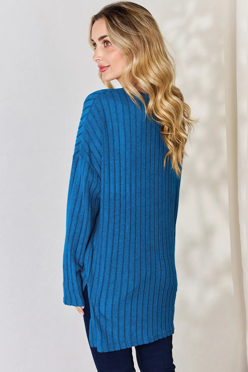 Noa Rousseau — Basic Bae Full Size Ribbed Half Button Long Sleeve High-Low T-Shirt, alternate view 3