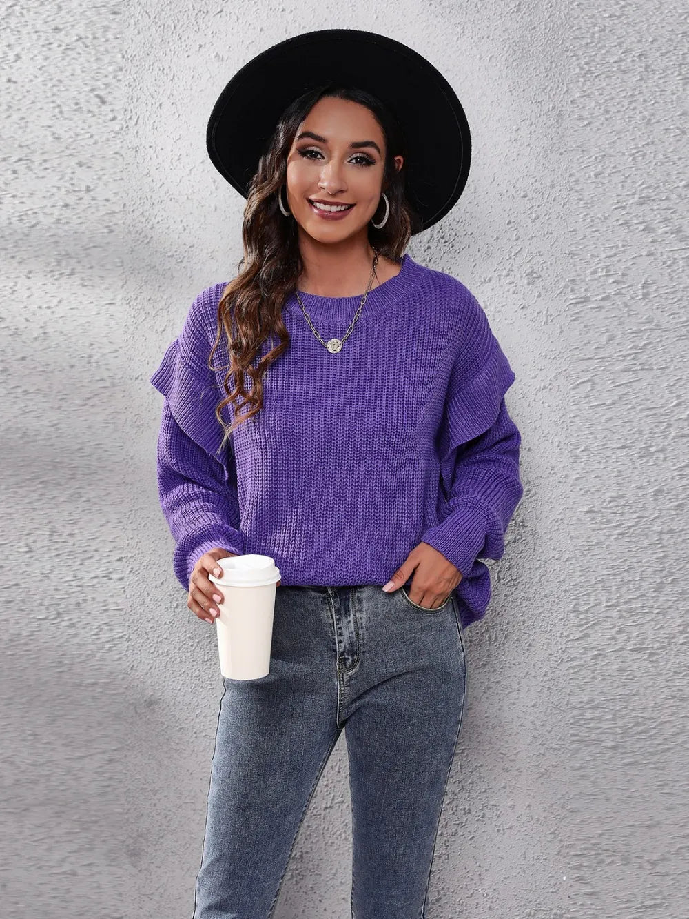 Harbor Bellamy — Ruffled Round Neck Dropped Shoulder Sweater