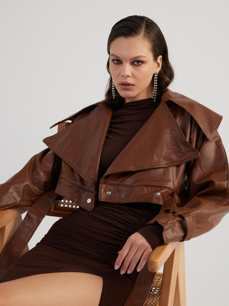 Neeko Chocolate Faux Leather Cropped Jacket-2