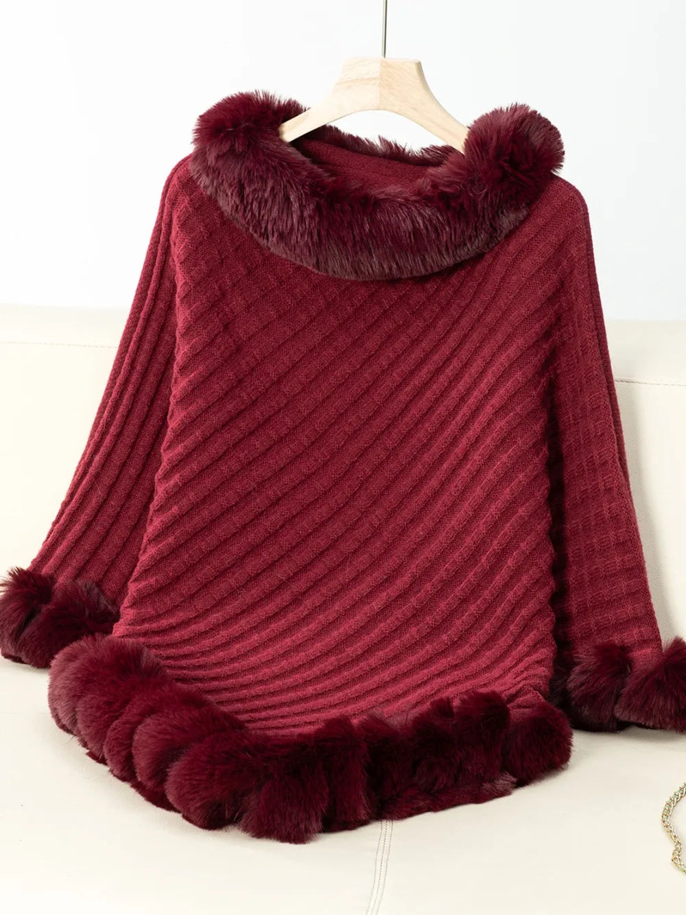 Reese Versailles — Fuzzy Trim Texture Three-Quarter Sleeve Poncho, alternate view 19