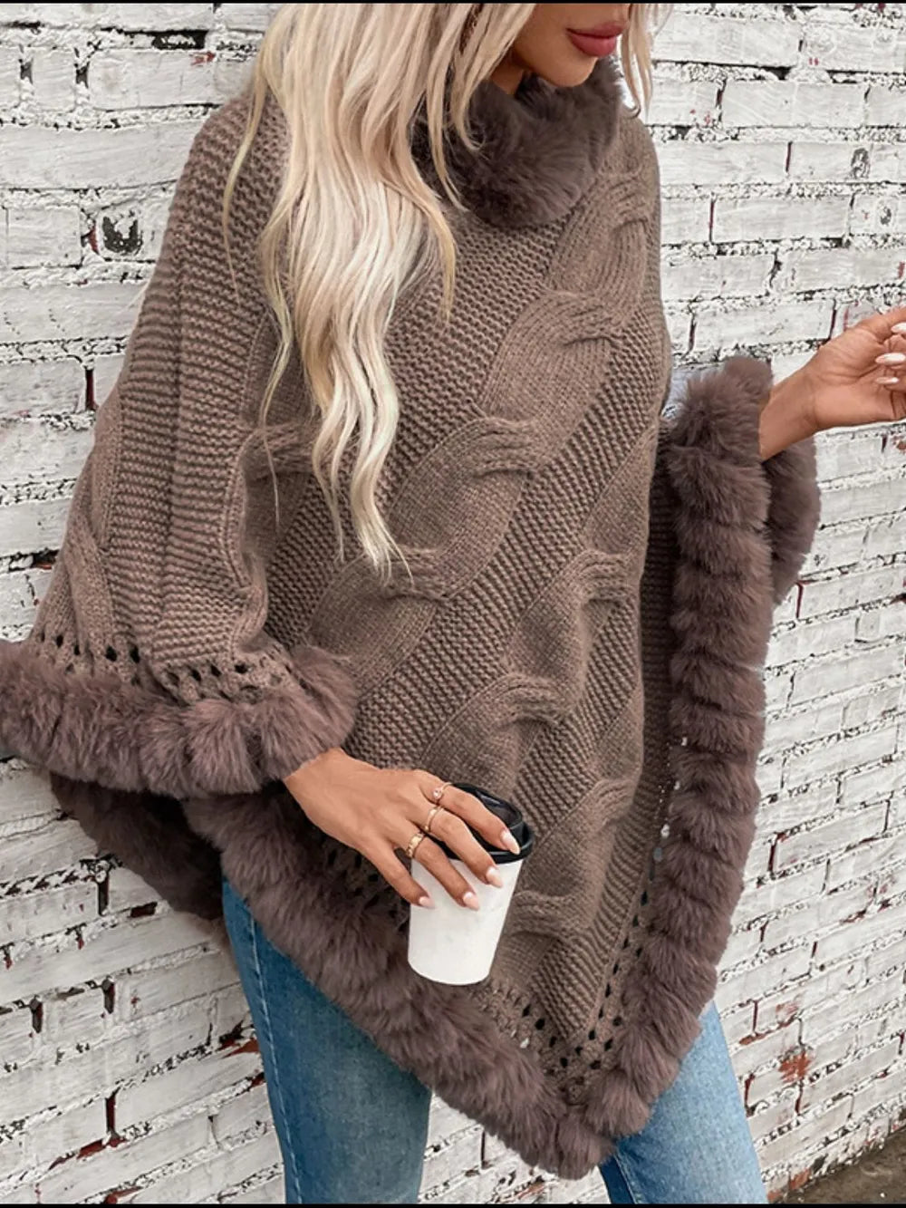 Cove Versailles — Fuzzy Hem Cable-Knit Poncho, alternate view 4
