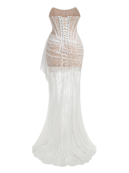 Maxikleid aus Spitze mit Rüschen und Drapierungen