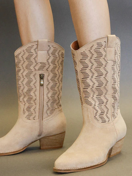 Beast Fashion Faux Suede Laser Cut Detail Block Heel Boots - Opulent Empire