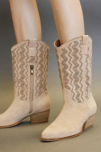 Fable Laurent — Beast Fashion Faux Suede Laser Cut Detail Block Heel Boots
