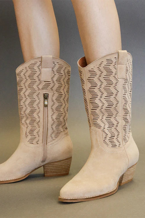 Beast Fashion Faux Suede Laser Cut Detail Block Heel Boots - Opulent Empire