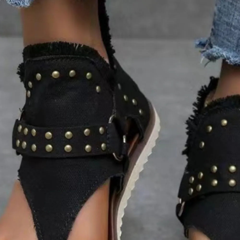 Nova Venturi — Studded Raw Hem Flat Sandals Fashion Footwear, alternate view 12
