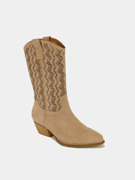 Beast Fashion Faux Suede Laser Cut Detail Block Heel Boots - Opulent Empire