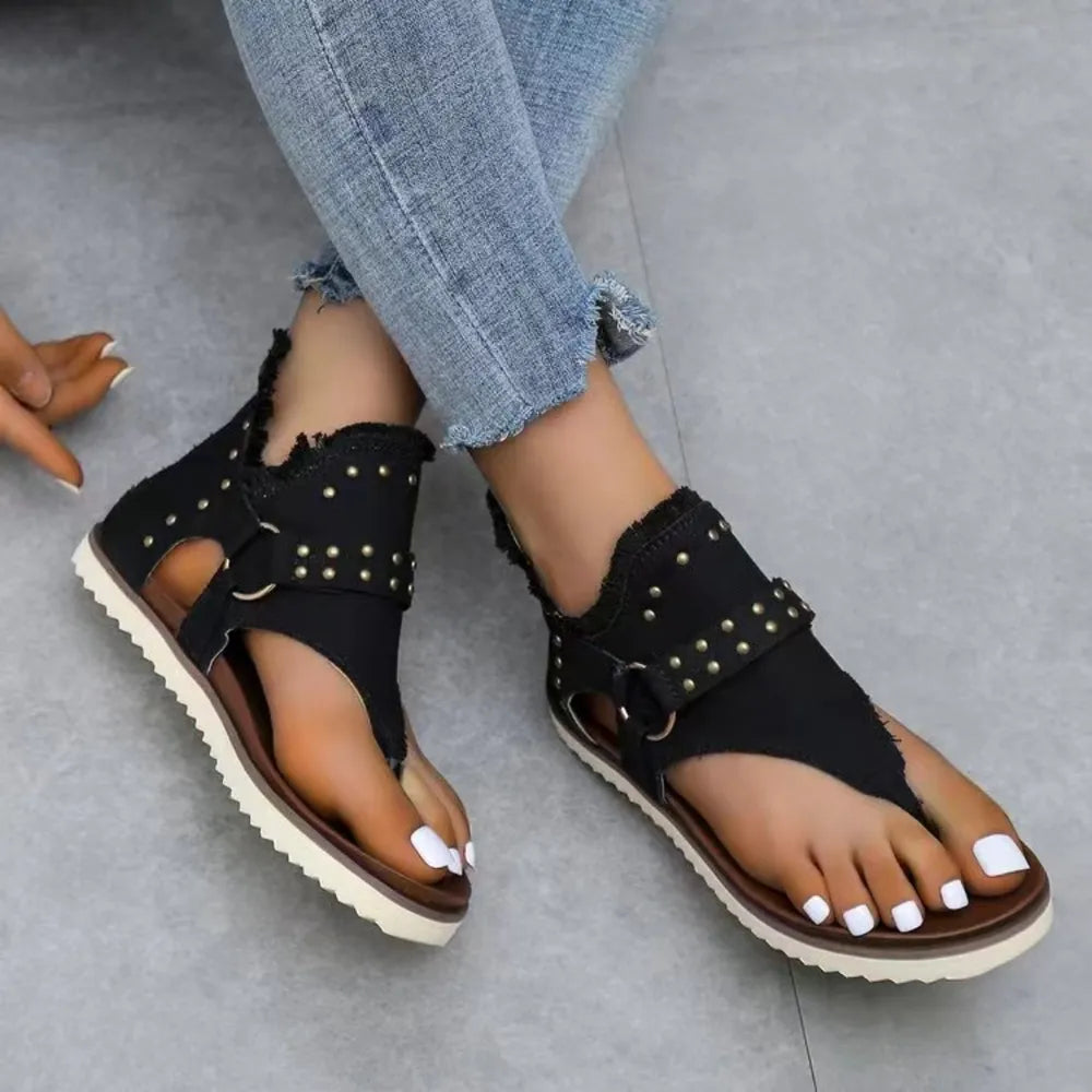 Nova Venturi — Studded Raw Hem Flat Sandals Fashion Footwear, alternate view 11