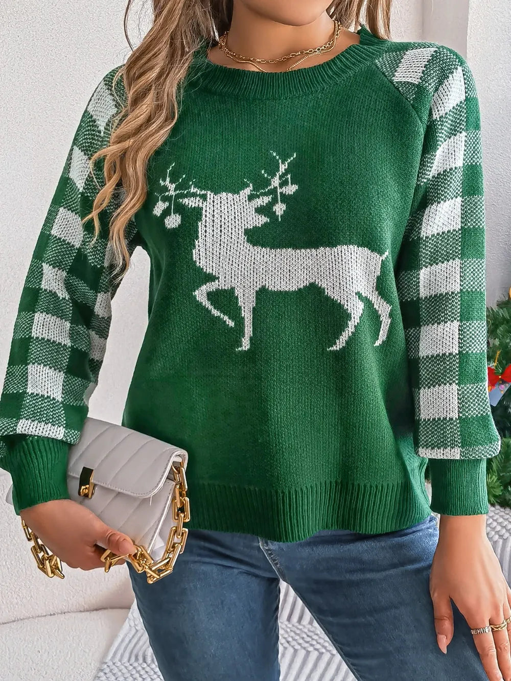Zephyr Bellamy — Reindeer Plaid Round Neck Long Sleeve Sweater, alternate view 12