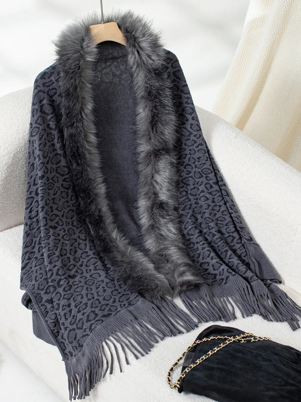 Rain Sorrento — Fringe Leopard Open Front Long Sleeve Poncho, alternate view 8