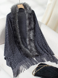 Rain Sorrento — Fringe Leopard Open Front Long Sleeve Poncho, alternate view 8