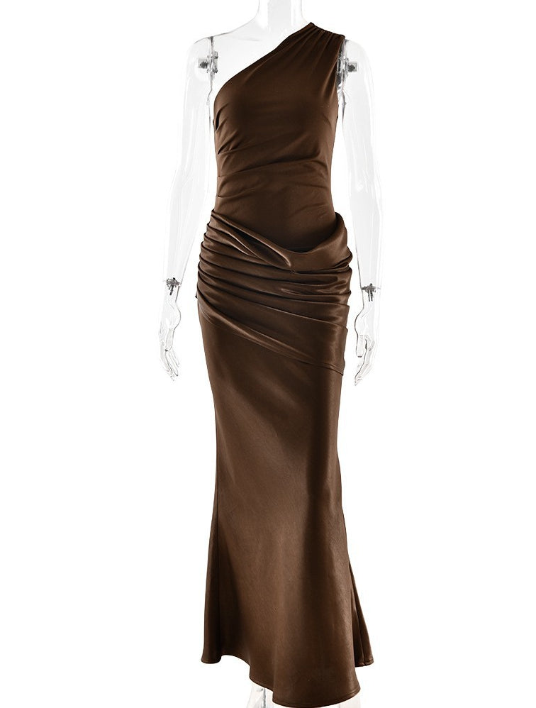Slanted Shoulder Ruched Satin Maxi Dress