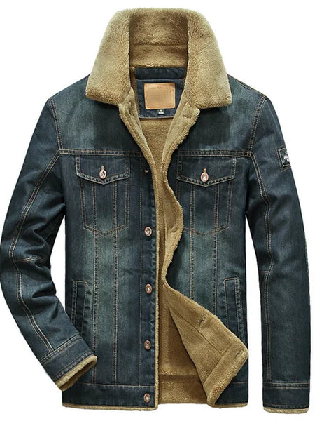 Men's Denim Jacket with Velvet Lining and Fur Collar, Slim Fit Outerwear