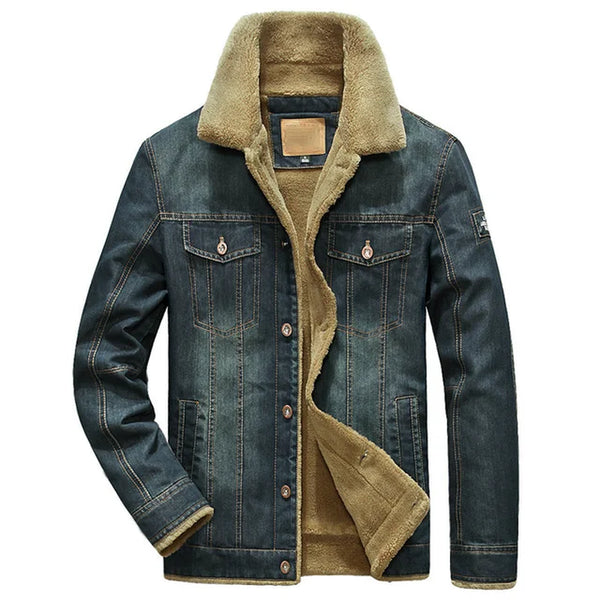 Men's Denim Jacket with Velvet Lining and Fur Collar, Slim Fit Outerwear