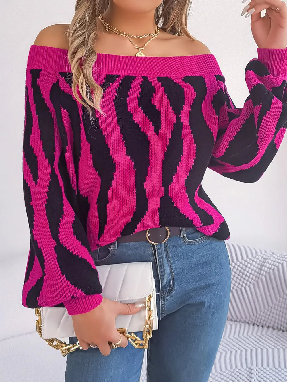 Rowan Bellamy — Off-Shoulder Animal Print Long Sleeve Sweater