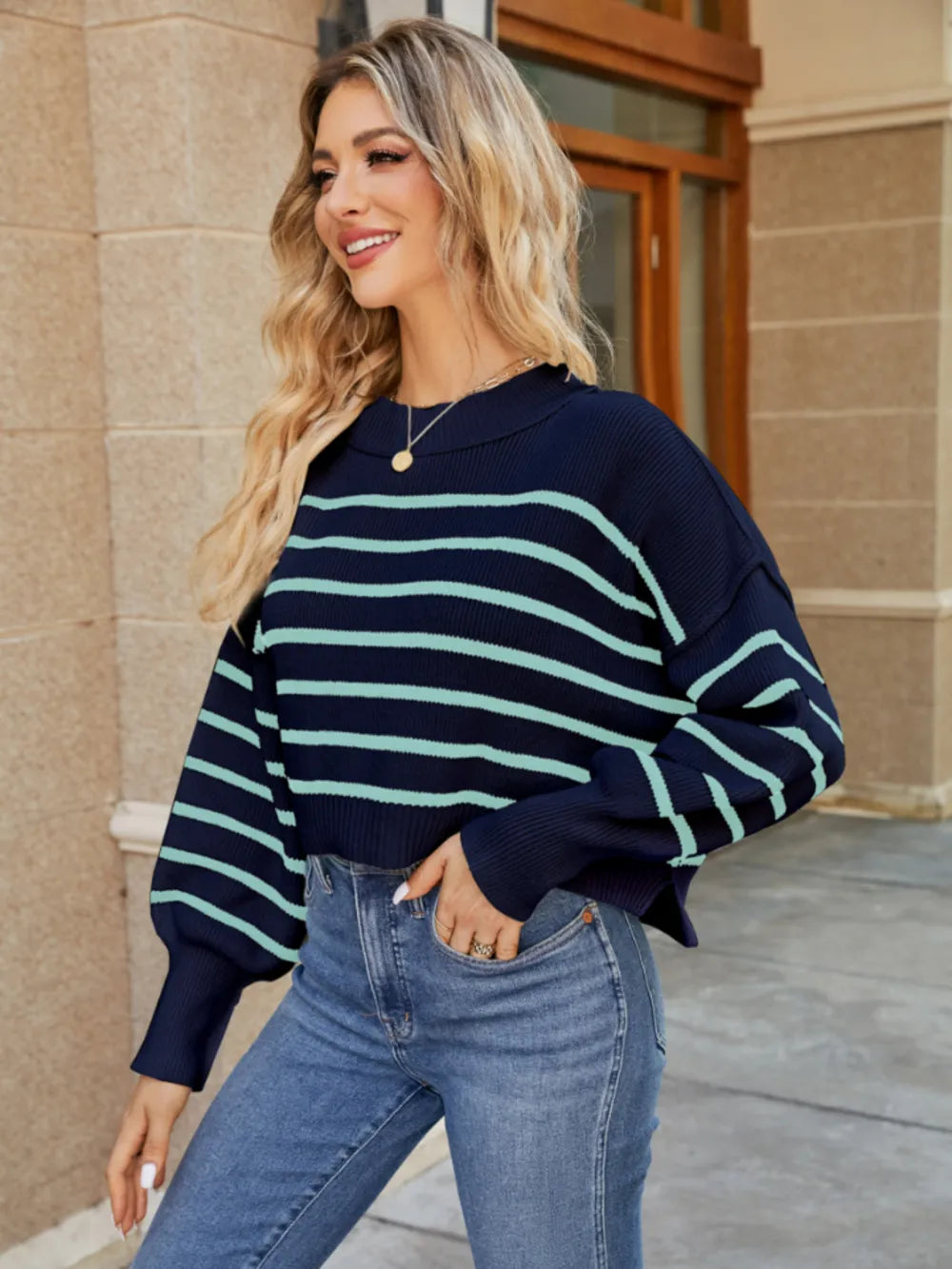 Fable Valmont — Round Neck Striped Lantern Sleeve Sweater, alternate view 12