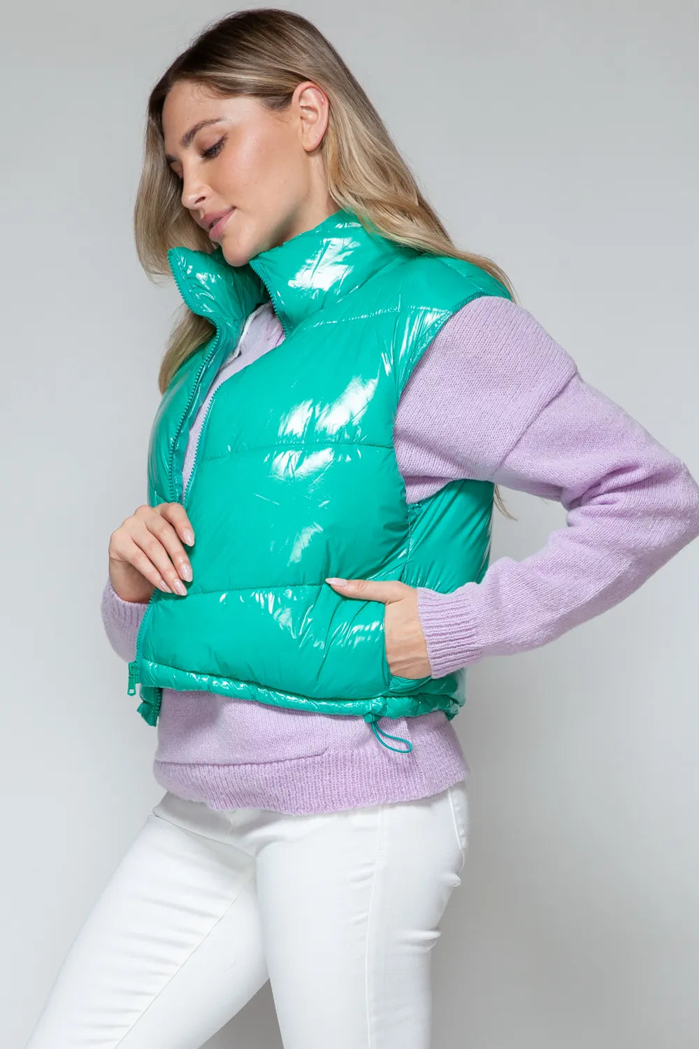 Rowan Saint-Clair — Snobbish Zip Up Turtleneck Shiny Quilted Vest Green Sweater or Cardigan, alternate view 3