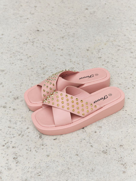 Forever Link Studded Cross Strap Sandals in Blush - Opulent Empire