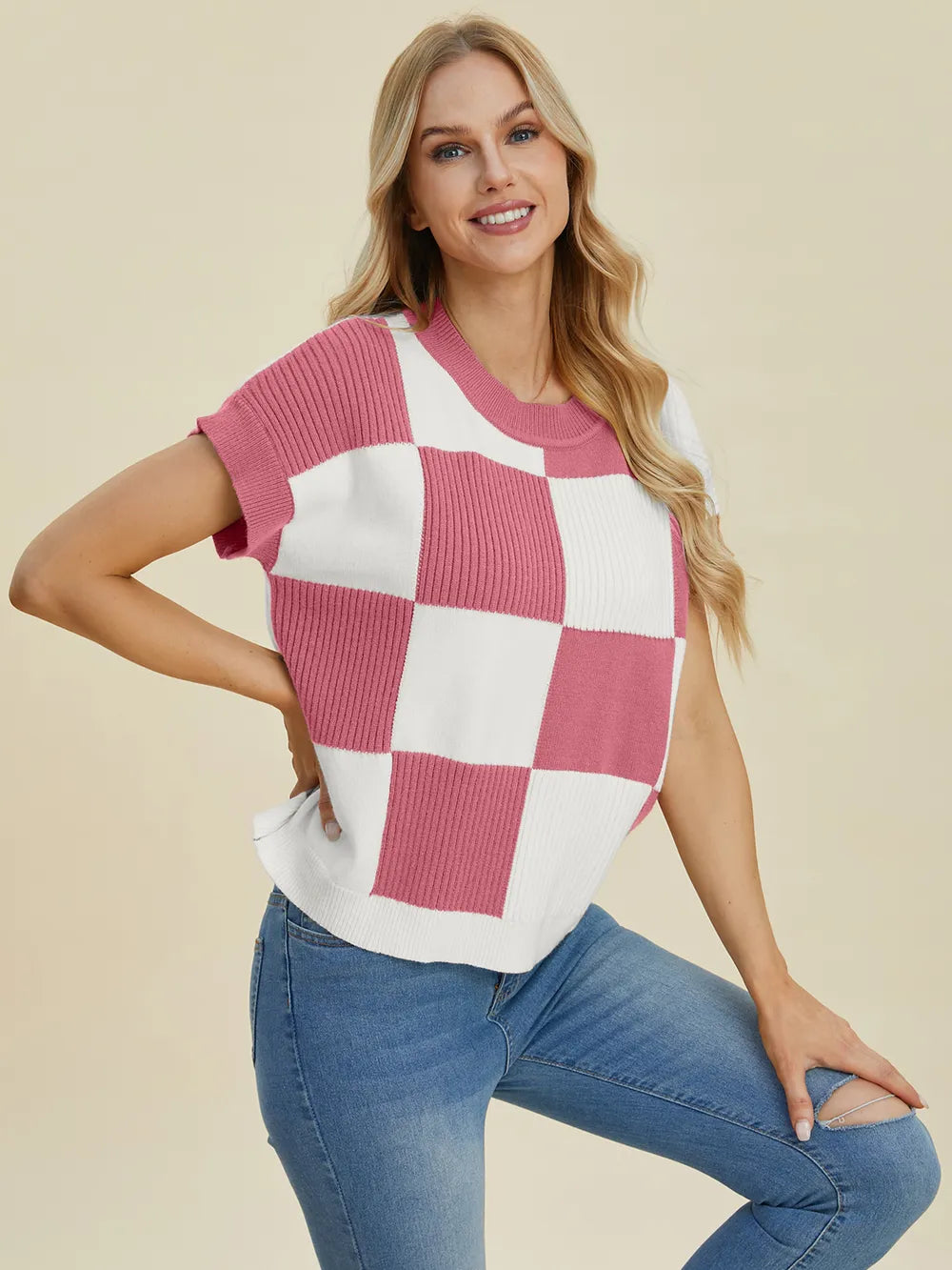 Cove Delacroix — Double Take Full Size Checkered Round Neck Short Sleeve Sweater, alternate view 9