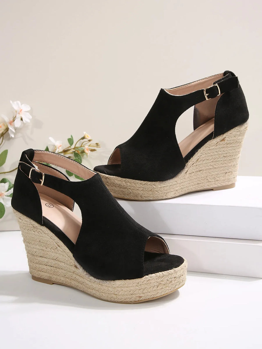 Ivory Fiorenza — Espadrille Wedge Sandals with Ankle Strap Black Fashion Footwear