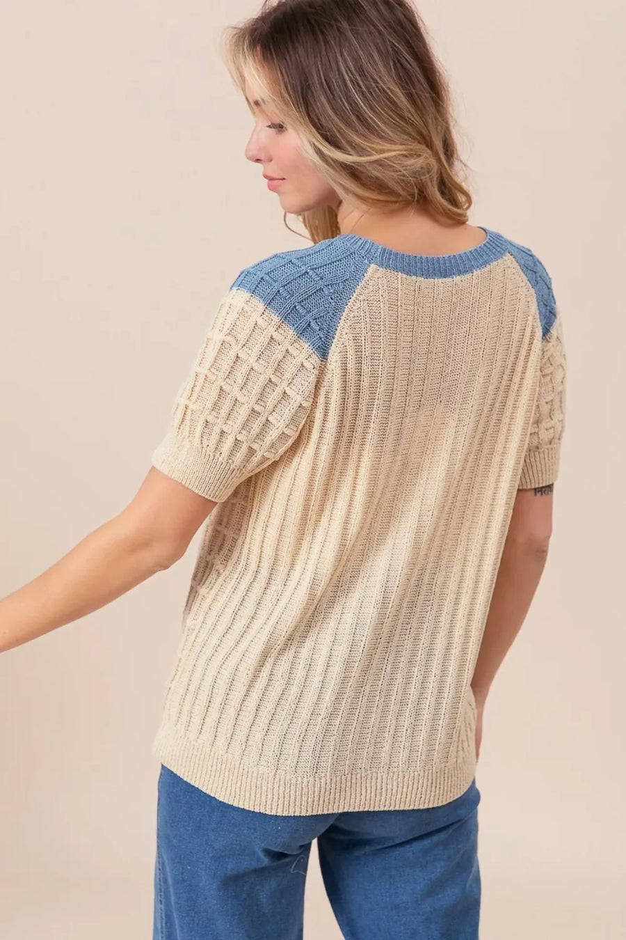 Sasha Delacroix — BiBi Textured Contrast Short Sleeve Sweater, alternate view 2
