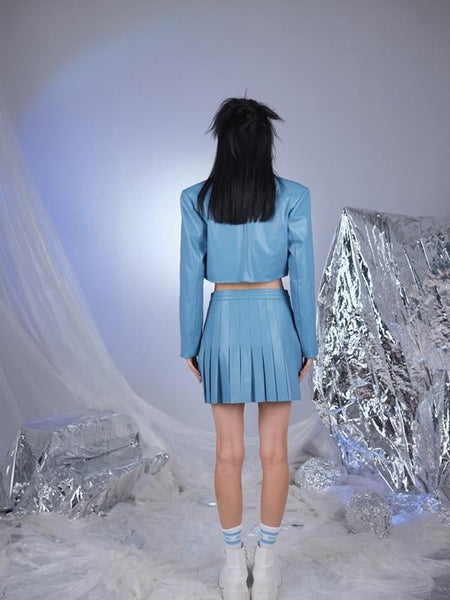 College Style Blue Vegan Faux Leather Cropped Jacket