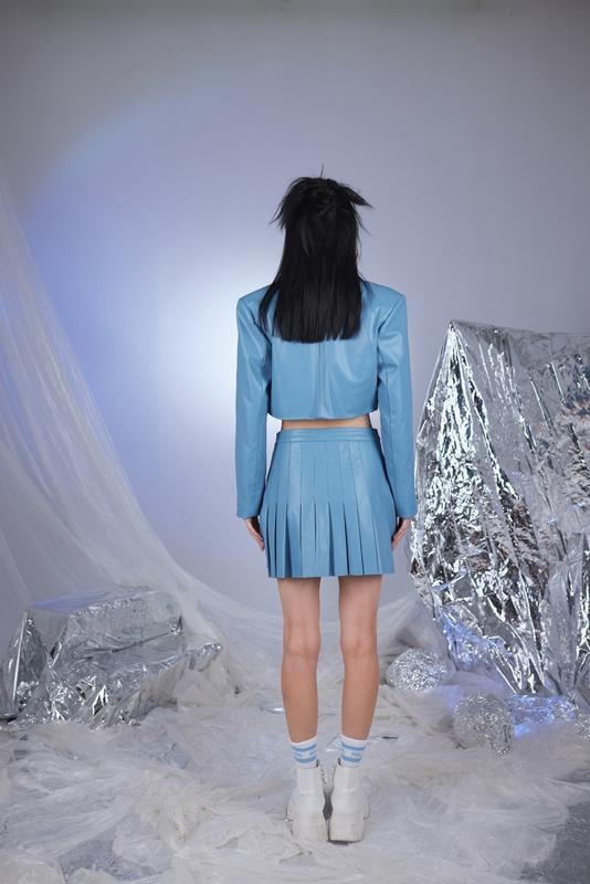 Vespera — College Style Blue Vegan Faux Leather Cropped Jacket, alternate view 4