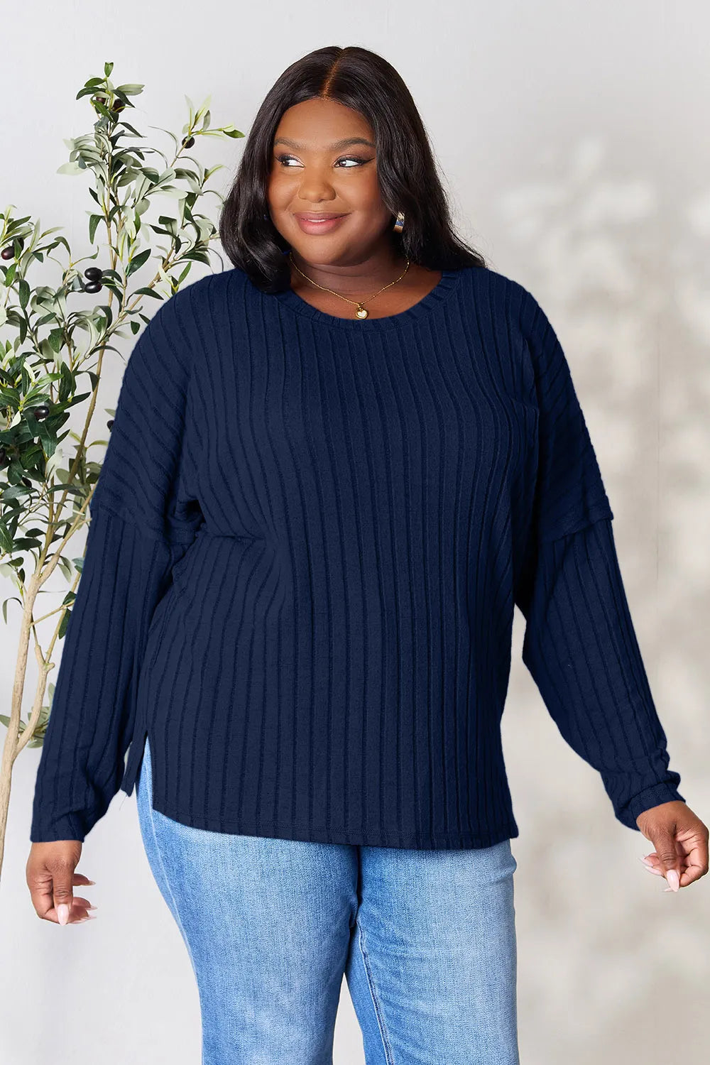 Vale Delacroix — Basic Bae Full Size Ribbed Round Neck Slit Knit Top, alternate view 16
