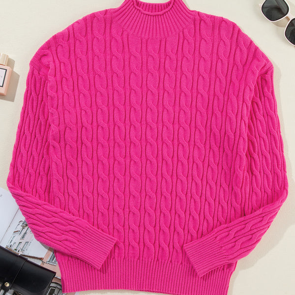 Cable-Knit Mock Neck Long Sleeve Sweater