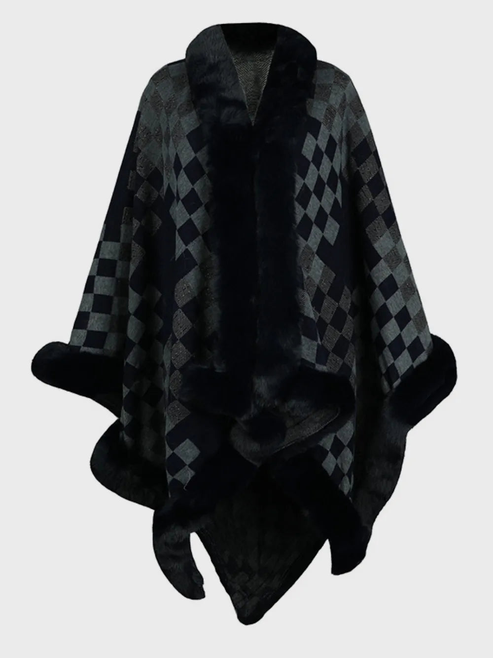 Ivory Versailles — Fuzzy Checkered Long Sleeve Poncho, alternate view 12