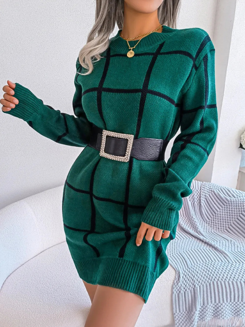 Lior Bellamy — Plaid Round Neck Dropped Shoulder Sweater Dress, alternate view 2