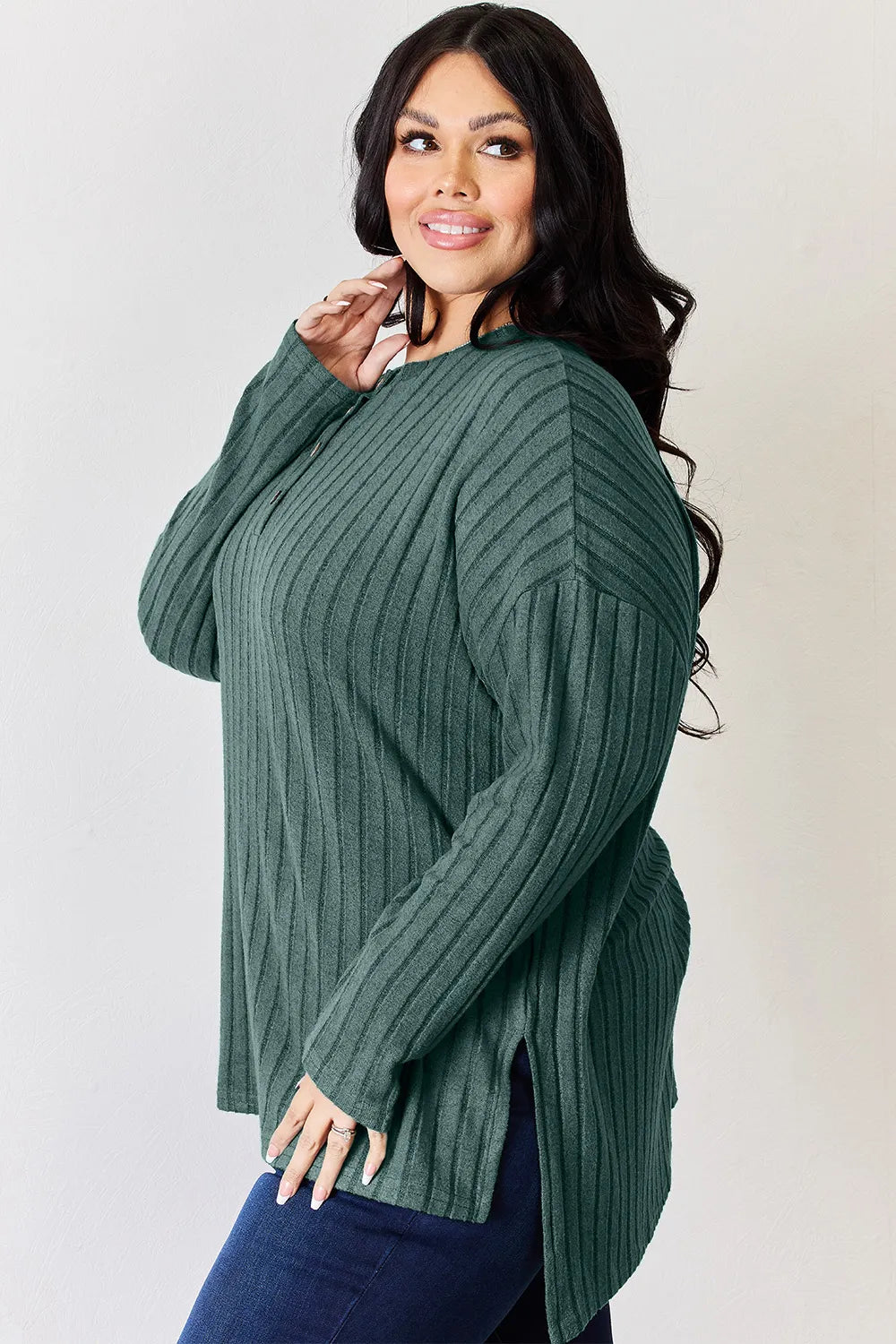 Noa Rousseau — Basic Bae Full Size Ribbed Half Button Long Sleeve High-Low T-Shirt, alternate view 13