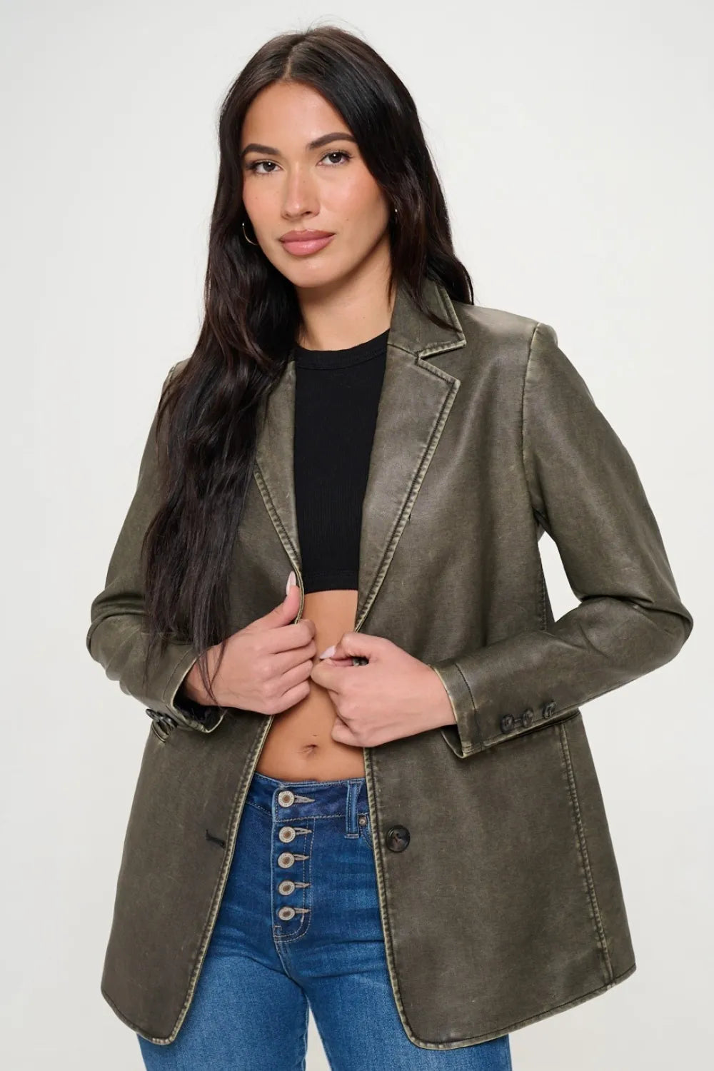 Gray Saint-Clair — Coalition LA Single-Breasted Vegan Leather Blazer, alternate view 3