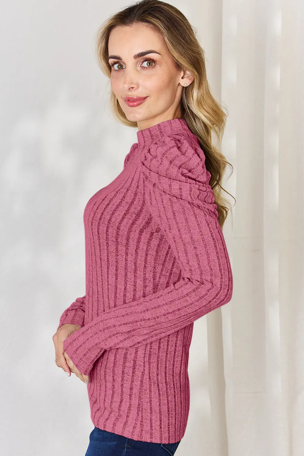 Ciel Delacroix — Basic Bae Full Size Ribbed Mock Neck Puff Sleeve T-Shirt, alternate view 34