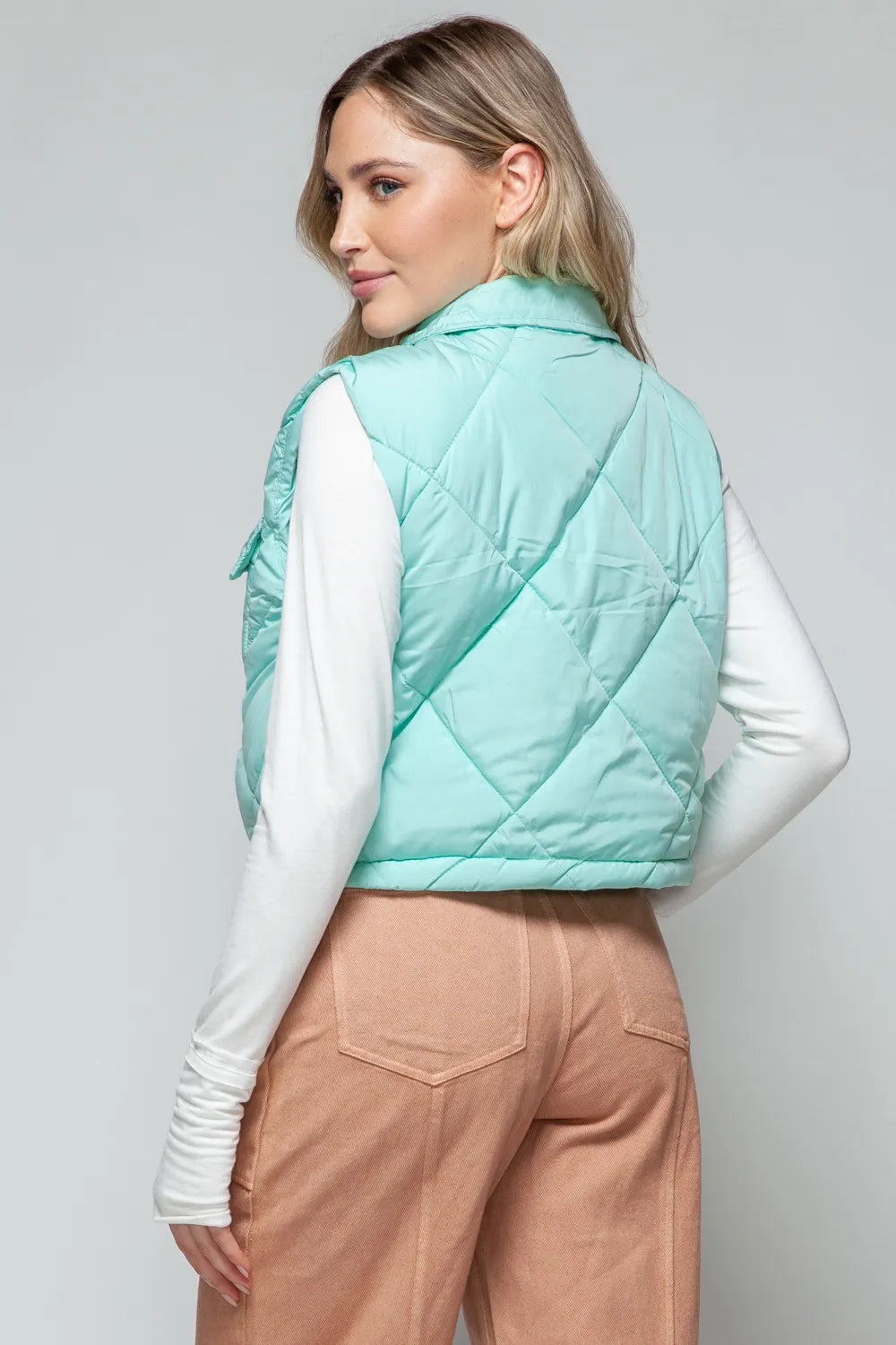 Rowan Rosetti — Snobbish Snap Down Quilted Crop Vest Green Coat or Jacket, alternate view 3