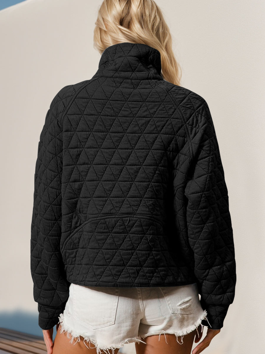 Double Take Half Zip Long Sleeve Quilted Sweatshirt with Pocket