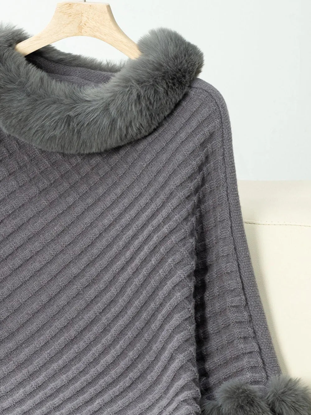 Reese Versailles — Fuzzy Trim Texture Three-Quarter Sleeve Poncho, alternate view 12