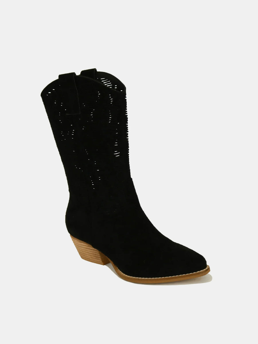 Beast Fashion Faux Suede Laser Cut Detail Block Heel Boots - Opulent Empire