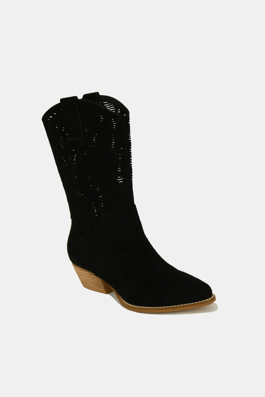 Beast Fashion Faux Suede Laser Cut Detail Block Heel Boots - Opulent Empire