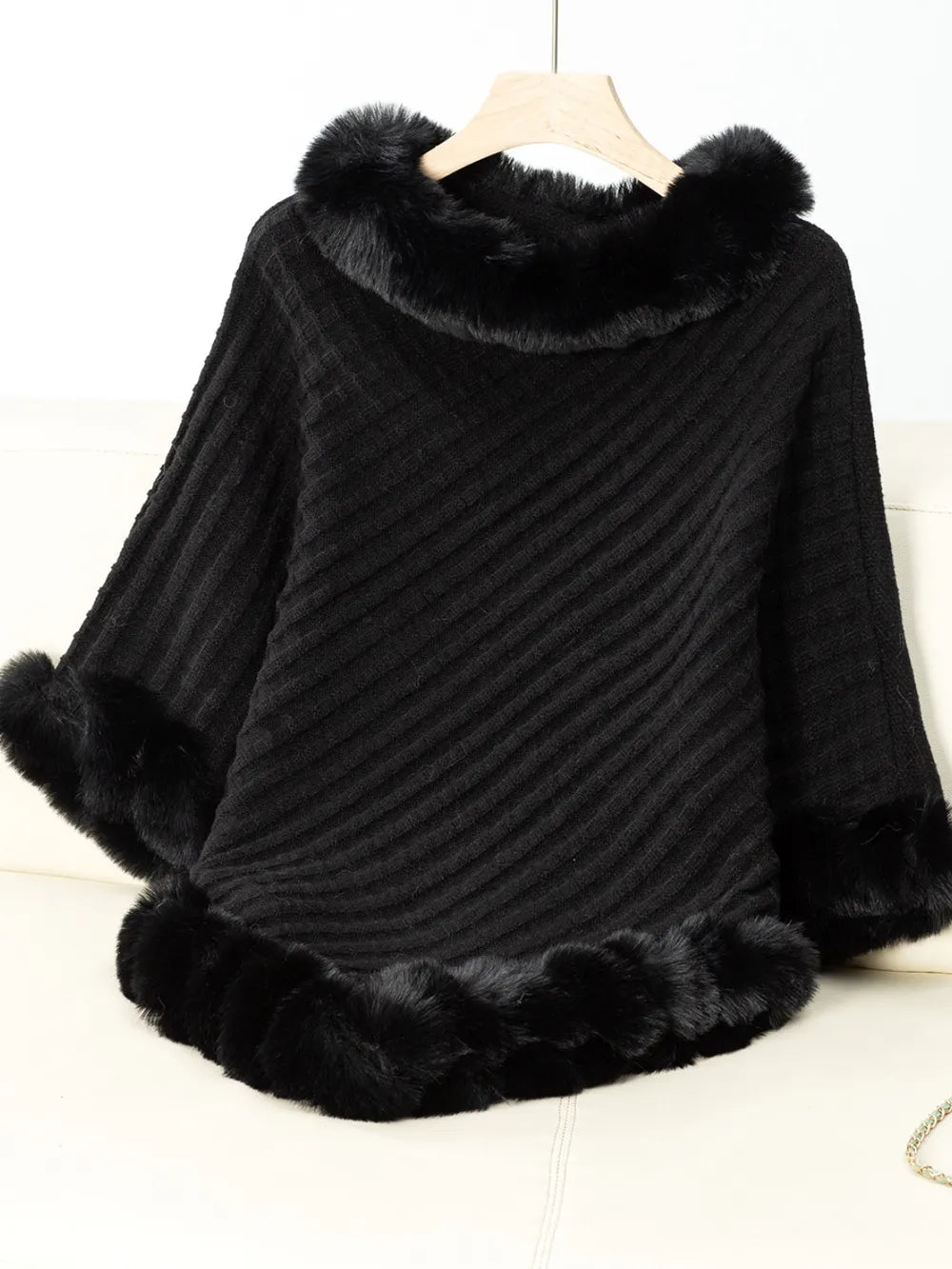 Reese Versailles — Fuzzy Trim Texture Three-Quarter Sleeve Poncho, alternate view 16